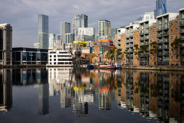 Colourful Millwall Dock skyline on the Isle of Dogs, London