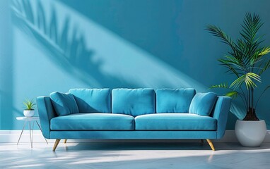  A beautiful Sofa in front of blue wall. Interior modern living room  with a frame.