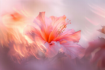 Fototapeta na wymiar Ethereal Hibiscus Glow: A Dreamy Floral Banner in Majestic Shades of Sunset