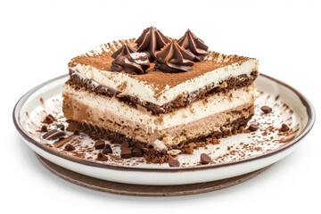Plate of tiramisu cake isolated on white