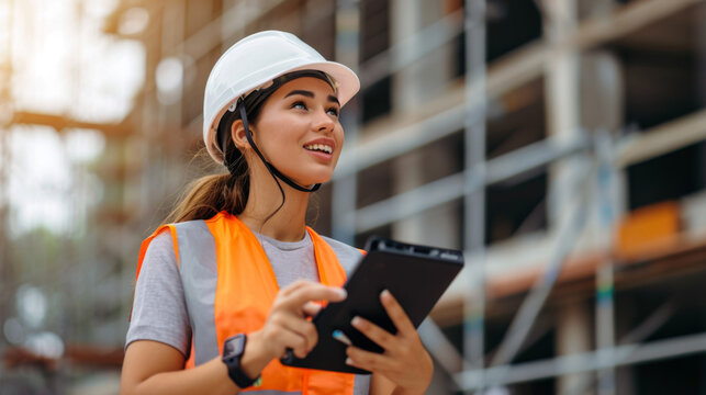 young woman wearing a safety helmet and reflective vest is holding a tablet and looking up