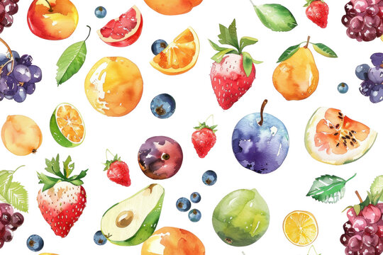 Watercolor  selection of Berries and Fruits on isolated Background