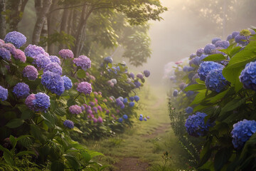 Enchanted Morning Walk Through Misty Hydrangea Flower Path Banner