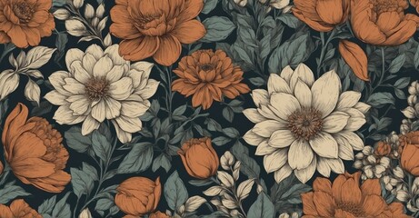 A vintage-inspired floral pattern, with muted tones and intricate details, rendered in a hand-drawn style with crosshatching and shading - obrazy, fototapety, plakaty