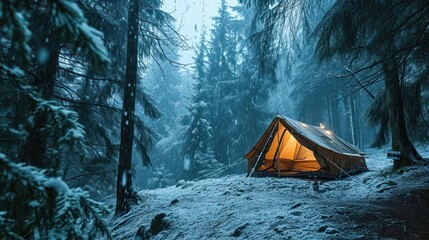 the tranquility of rain on a tent in a dense fir tree forest, with the raindrops adding a soothing melody to the ambiance of a winter evening