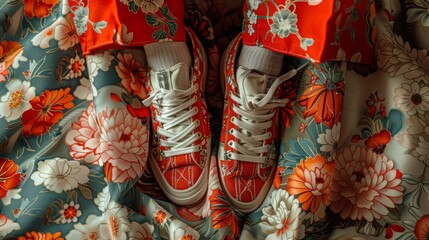 Modern twist on tradition with bright sneakers under floral kimono. Tradition meets trend. Vivid sneakers on a floral path of cultural fusion