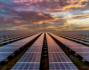 solar power panels at sunset with a cloudy sky 