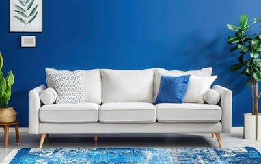  A beautiful Sofa in front of blue wall. Interior modern living room  with a frame.