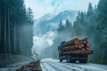 Misty Mountain Road with Timber Truck Journey Banner