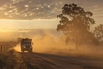 Fototapeta premium Sunrise Journey: Lone Truck Kicking Up Dust on Rural Road Banner