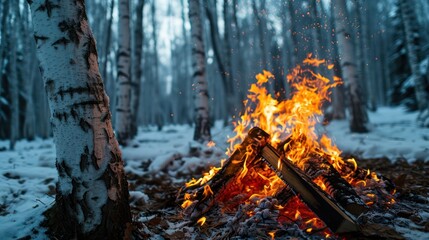 the warmth of a bonfire in a dense birch forest, with the white tree trunks contrasting against the crackling flames and creating a serene winter scene