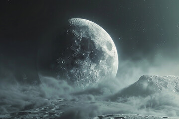 Majestic Moon Rising Over Alien Landscape Banner in Monochrome Hues - obrazy, fototapety, plakaty