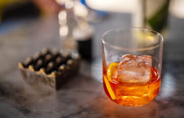 Classic Negroni cocktail with ice.