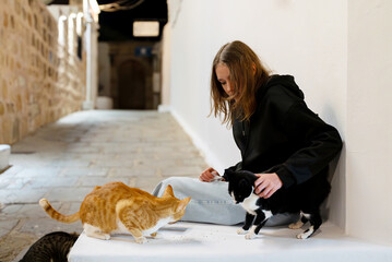 Girl feeds homeless cats on the street.