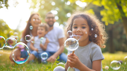 joyful family is playing with soap bubbles in a sunlit park - Powered by Adobe