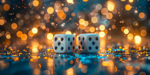 A pair of white dice with black dots, highlighted against a twinkling bokeh light effect on a dark, reflective surface