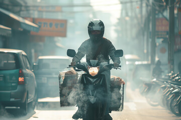 Urban Rider Navigating Misty City Streets - Motorcycle Banner