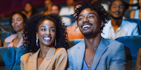 An happy moment in a movie theater, with a couple engaged in the cinematic experience, their expressions lit by the screen's glow, reflecting the shared joy and entertainment of a date night