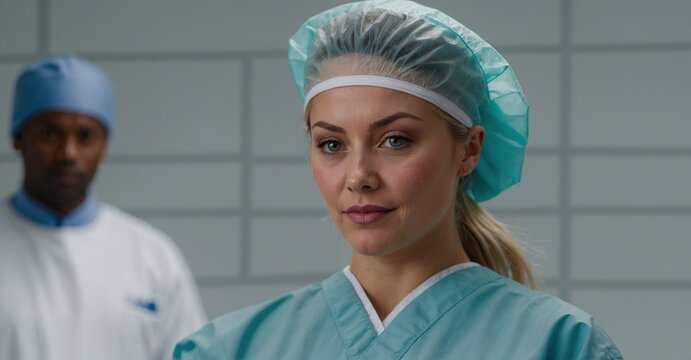 Expertise on display blonde surgeon with cap, set against a pristine white backdrop. Canon EOS 7D Mark IV capturing the moment with clarity