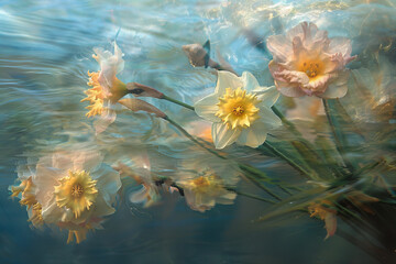 Fototapeta na wymiar Serene Aquatic Ballet of Floating Daffodils - Dreamy Nature Banner
