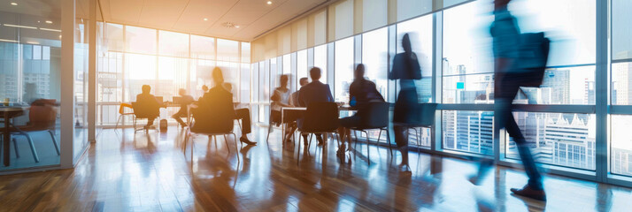 This photo captures a modern office space with several blurred figures of business professionals going about their work. The image conveys a sense of movement and activity within the workplace