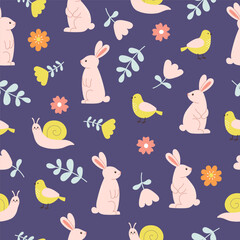 Seamless pattern of cute rabbits, birds, snails and flowers on dark blue background. Template for postcard, card, print, wallpaper - obrazy, fototapety, plakaty