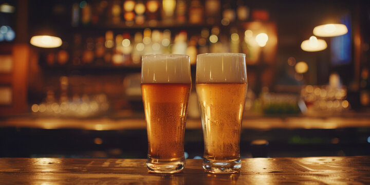 This photo depicts two glasses of beer placed on top of a bar counter, capturing a celebratory moment in a casual setting