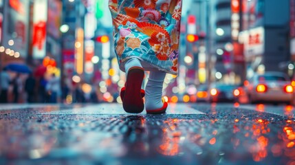 Woman foot can be seen wearing a kimono in the middle of a busy city. A kimono journey amidst urban shimmer