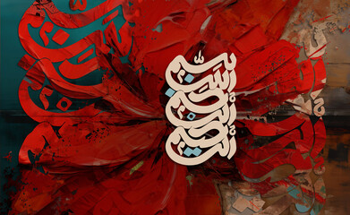 Calligraphy. Drawing on a background of multicolored letters."In the name of of god the Merciful"