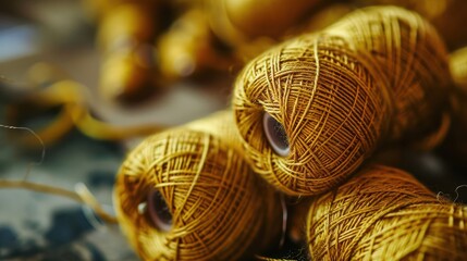 bunch of golden sewing thread texture overhead view