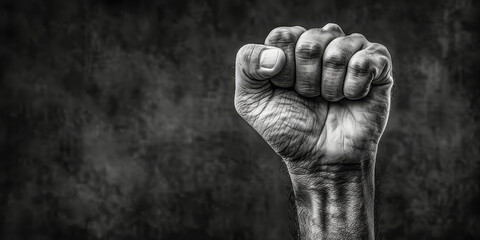 This black and white photo captures a powerful fist clenched tightly. The contrast between light and dark highlights the strength and determination conveyed by the clenched hand