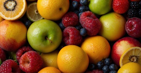 Overhead shot of a vibrant array of fresh fruits arranged on a table. Promoting a healthy lifestyle with a natural, juicy fruit background