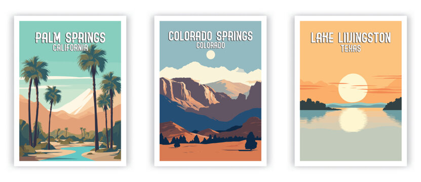 Palm Springs, Lake Livingston, Colorado springs Illustration Art. Travel Poster Wall Art. Minimalist Vector art