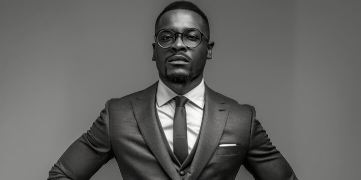 A grayscale photo of a black man exuding confidence while standing with his hands on his hips. He is dressed in a suit and tie, portraying a professional and assertive demeanor