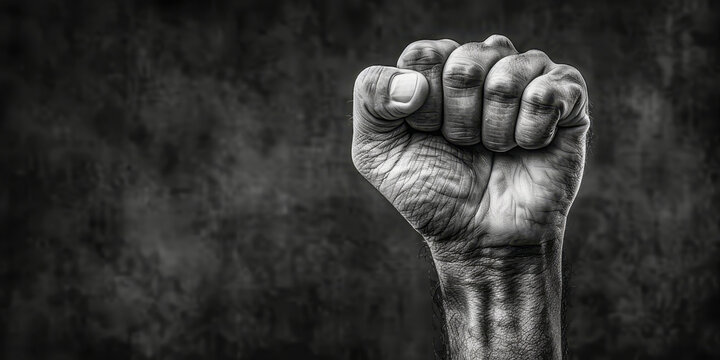 This black and white photo captures a powerful fist clenched tightly. The contrast between light and dark highlights the strength and determination conveyed by the clenched hand