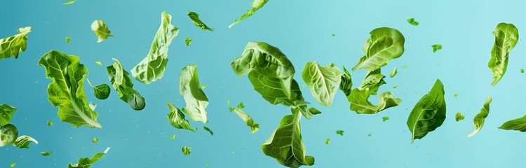 leaves of lettuce salat falling down from the blue sky