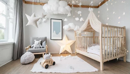 Fotobehang the modern scandinavian newborn baby room with mock up photo frame wooden car plush rhino and clouds hanging cotton flags and white stars minimalistic and cozy interior with white walls real photo © netsay