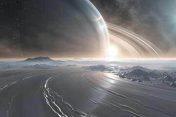 Distant Planet Sunrise with Majestic Rings Over Serene Landscape Banner