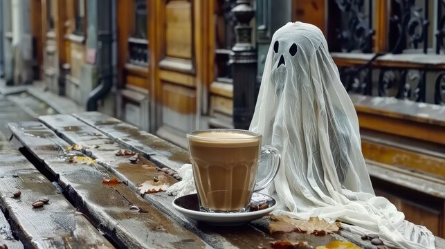 ghost drinking coffe, bokeh  