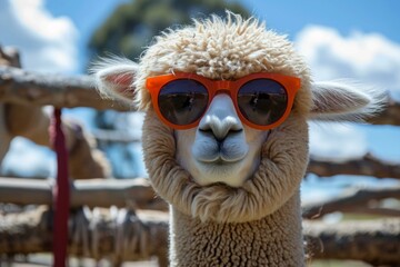 Naklejka premium Funny cute alpaca sunglasses. Smile spring. Generate Ai