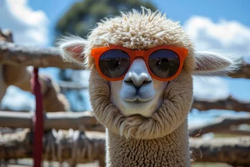 Fensteraufkleber Funny cute alpaca sunglasses. Smile spring. Generate Ai © anatolir