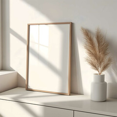thin a4-sized frame mockup against a bedroom wall