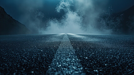 Dark street, asphalt abstract dark blue background, empty dark mountain range scene, with smoke...