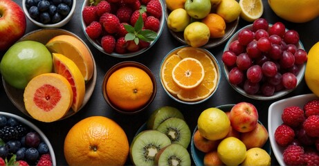 Top view of a table adorned with an assortment of colorful, fresh fruits—a visual celebration of healthy living and natural goodness