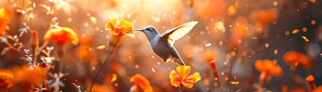 Marigolds glowing in the soft light of dawn their orange petals a beacon of warmth as the world thaws from winters grip A hummingbird