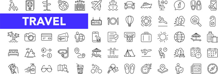 Fototapeta na wymiar Travel and Tourism icon set with editable stroke. Travel and vacation thin line icon collection. Vector illustration
