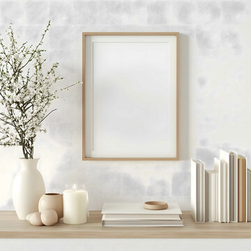 Essential aesthetics come to life: A square empty mock-up poster frame graces a wooden shelf, within a modern living