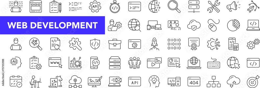 Poster web development icon set with editable stroke. developer thin line icon collection. vector illustrat