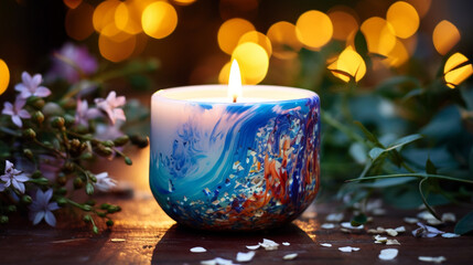 Obraz na płótnie Canvas A tranquil boho candle, illuminating with a watercolor glow, symbolizing hope and ambiance created with Generative Ai