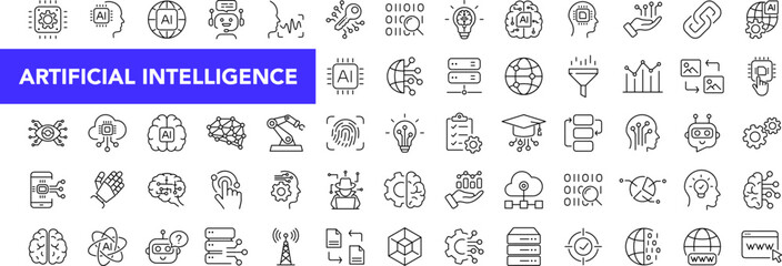 Artificial intelligence icon set with editable stroke. AI technology thin line icon collection. Vector illustration